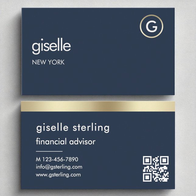 Financial Advisor Navy Blue QR Code Gold Monogram  Business Card (Creator Uploaded)