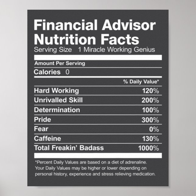 Financial Advisor Nutrition Facts List Funny  Poster (Front)