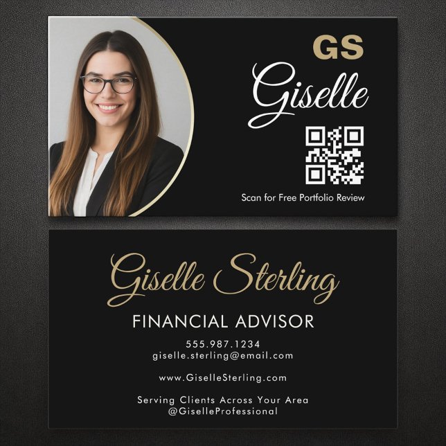 Financial Agent Black Gold Photo QR Code  Business Card (Creator Uploaded)