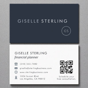 Financial Planner QR Code Navy Blue Luxury Business Card