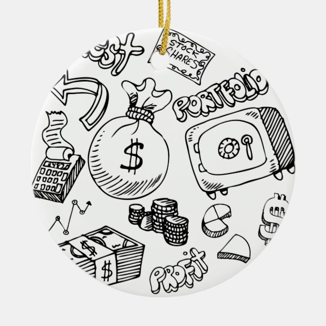 Financial Symbol Doodle Set Ceramic Tree Decoration (Front)