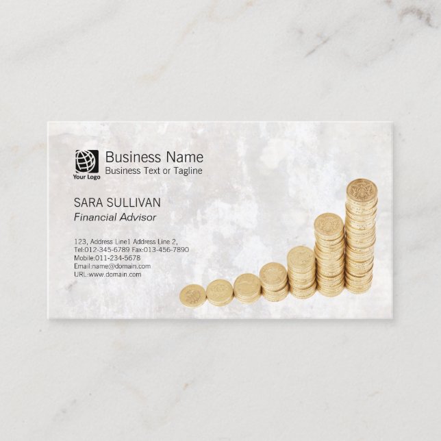FinancialAdvisor FinanceServices Money Coins Stack Business Card (Front)