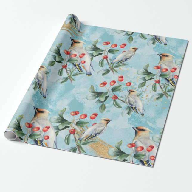 Finch bird, Christmas greenery, red berry Wrapping Paper (Unrolled)