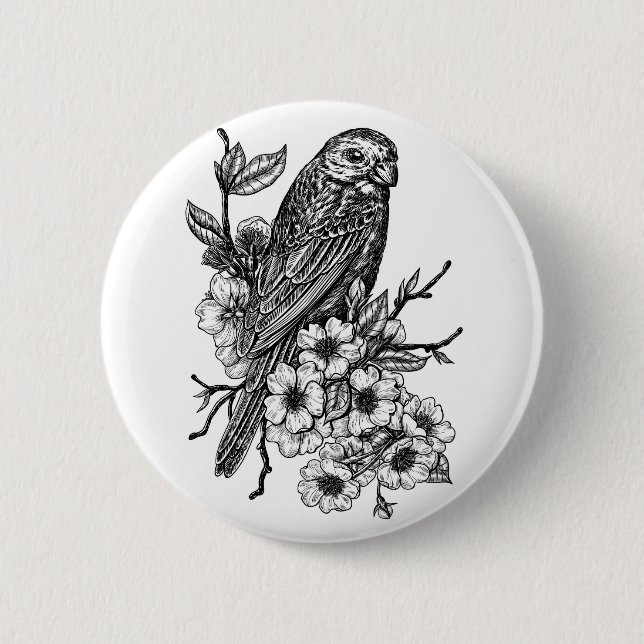 Finch on cherry branch 6 cm round badge (Front)