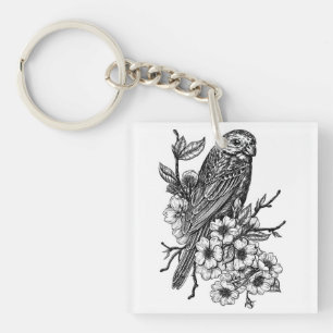 Finch on cherry branch key ring