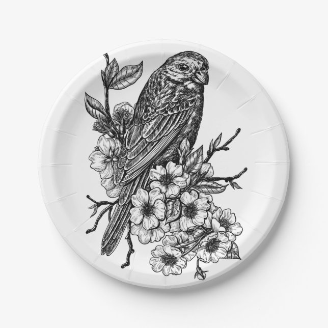 Finch on cherry branch paper plate (Front)
