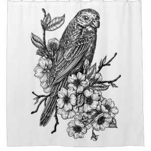 Finch on cherry branch shower curtain
