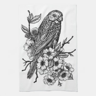 Finch on cherry branch tea towel