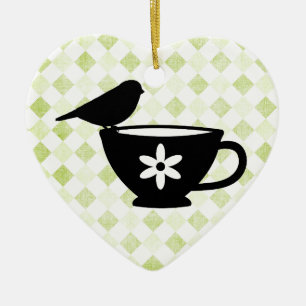 Finch on Teacup Silhouette Ceramic Tree Decoration