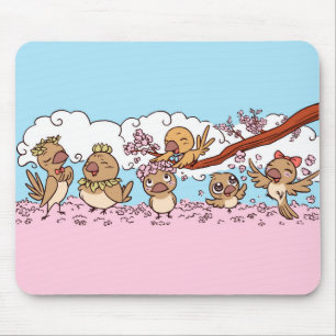 Finches birds with pink sakura flowers mouse mat