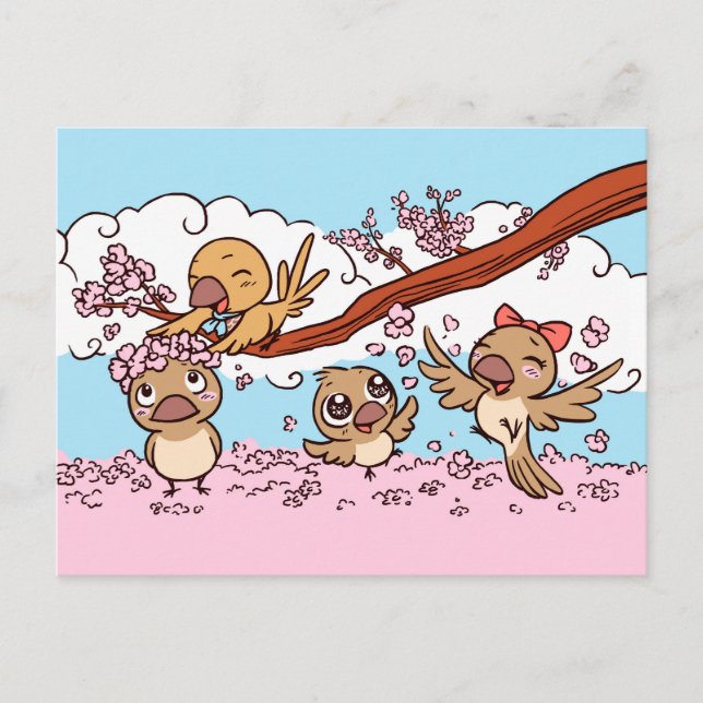Finches birds with pink sakura flowers postcard (Front)