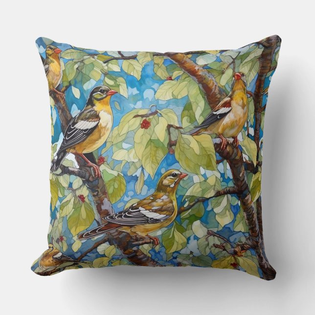 Finches in a Tulip Poplar Tree Cushion (Front)