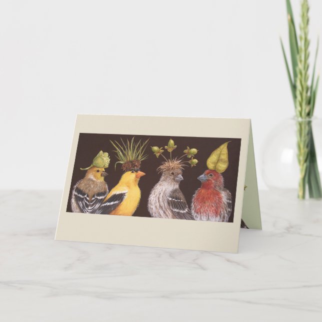 Finches on green hat night card (Front)