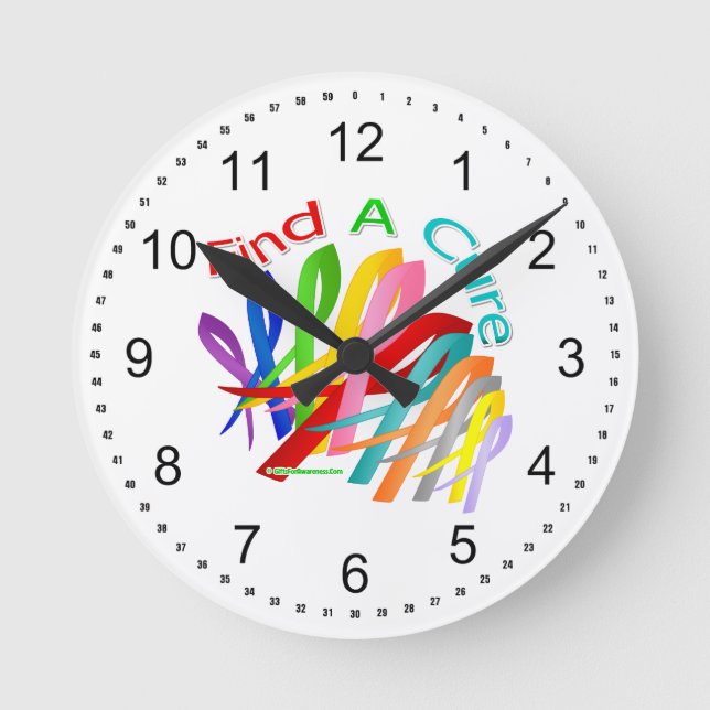 Find A Cure Colourful Cancer Ribbons Round Clock (Front)
