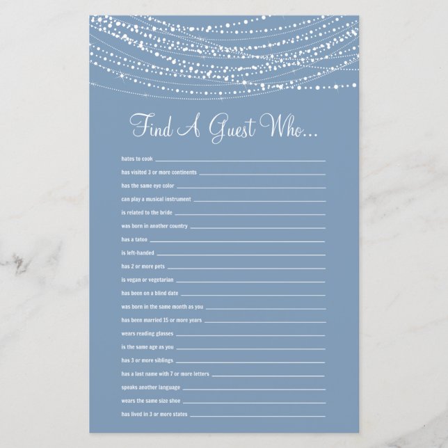 Find a Guest Dusty Blue Lights Bridal Shower Game (Front)