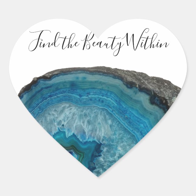 Find the Beauty Within Quote Blue Geode Agate Heart Sticker (Front)