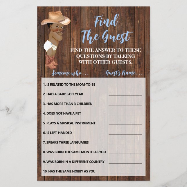 Find the Guest AA Cowboy Baby Shower Game Card (Front)
