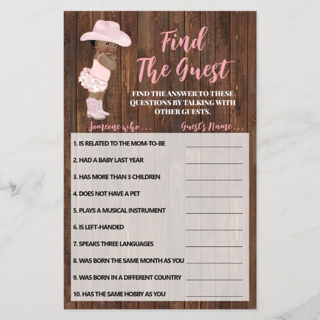 Find the Guest AA Cowgirl Baby Shower Game card (Front)