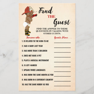 Find the Guest AA Fireman Baby Shower Game Card