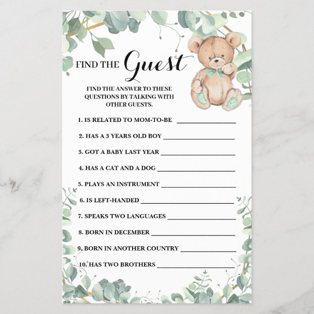 Find the Guest Bear Greenery Baby Shower Game Card (Front)