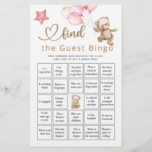 Find The Guest Bingo Baby Bear Baby Shower Game