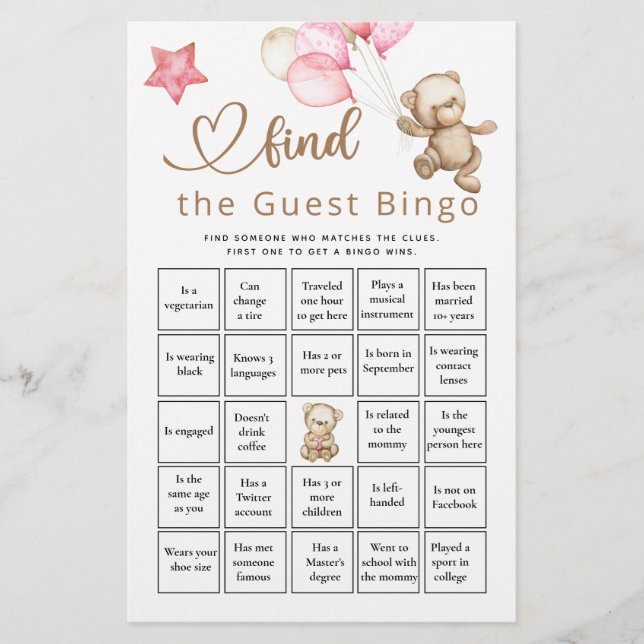 Find The Guest Bingo Baby Bear Baby Shower Game (Front)