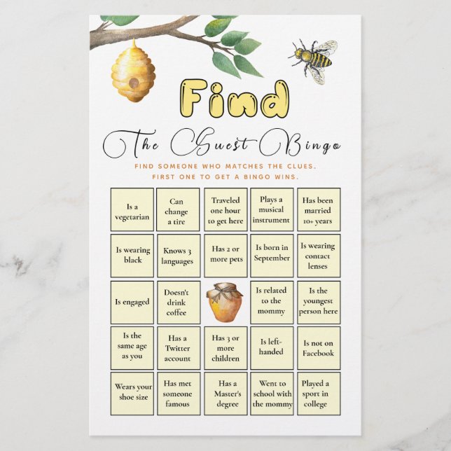 Find The Guest Bingo Baby Bee Baby Shower Game (Front)