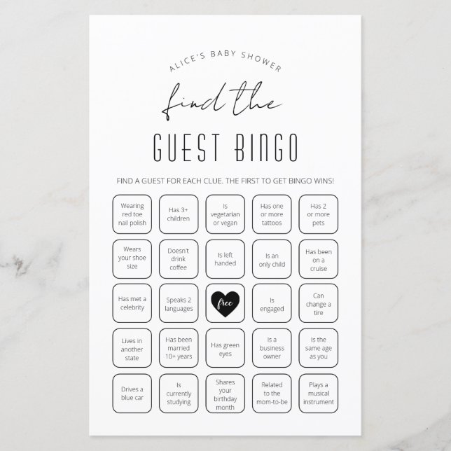 Find the Guest Bingo Baby Shower Game (Front)