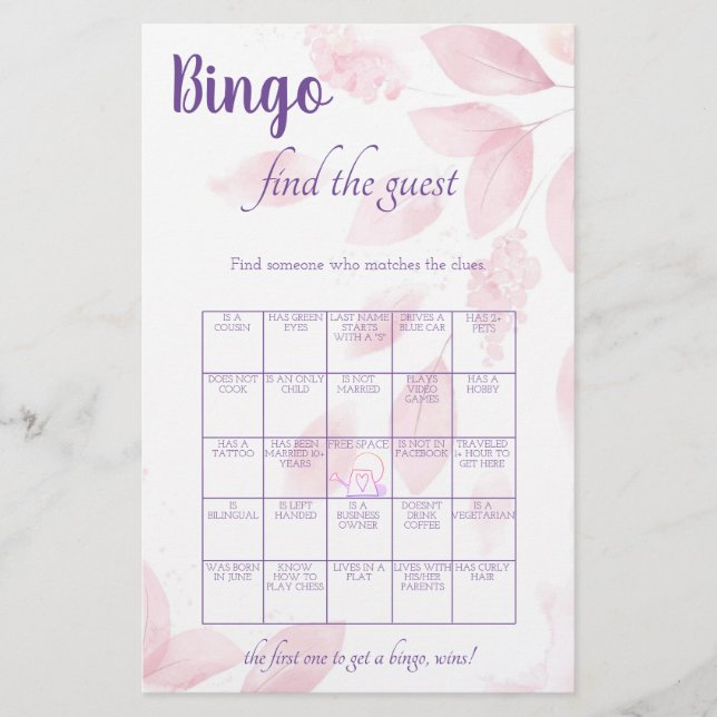 Find the Guest Bingo Bridal Shower Game Card (Front)