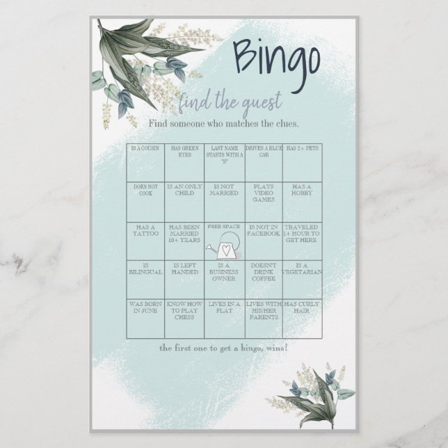 Find the Guest Bingo Bridal Shower Game Card Flyer (Front)