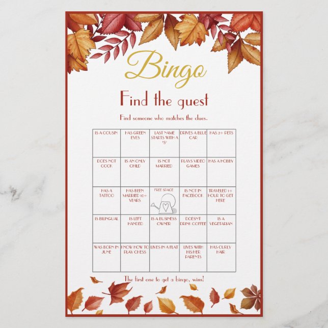 Find the Guest Bingo Bridal Shower Game Card Flyer (Front)