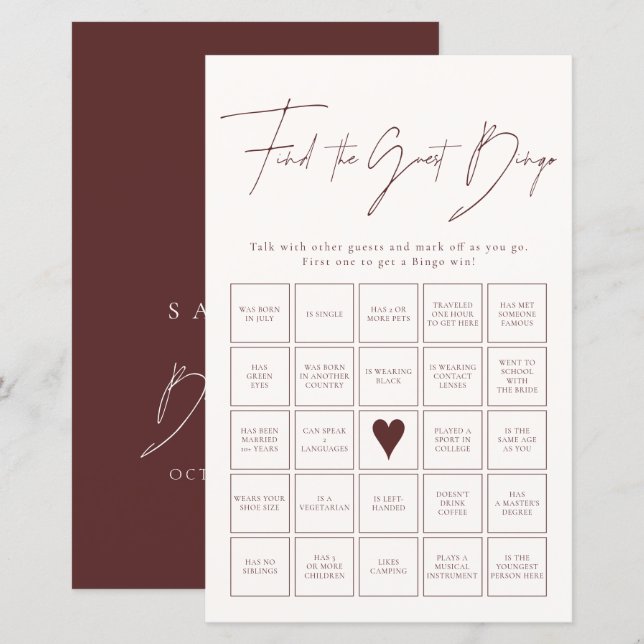 Find The Guest Bingo Burgundy Bridal Shower Game (Front/Back)