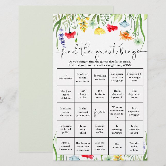 Find the guest bingo colourful wildflowers (Front/Back)