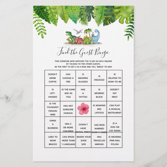 Find the Guest Bingo Dinosaur Baby Shower Game (Front)