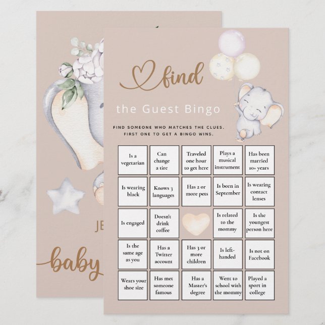 Find The Guest Bingo Elephant Baby Shower Game (Front/Back)
