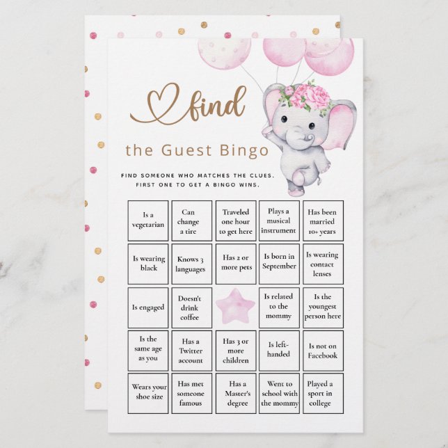 Find The Guest Bingo Girl's Elephant & Flower Game (Front/Back)