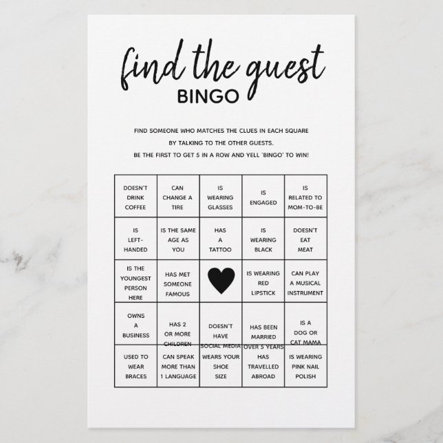 Find the Guest Bingo Minimalist Baby Shower Game (Front)
