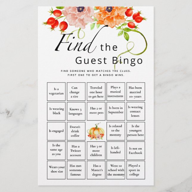 Find The Guest Bingo Pumpkin Baby Shower Game (Front)