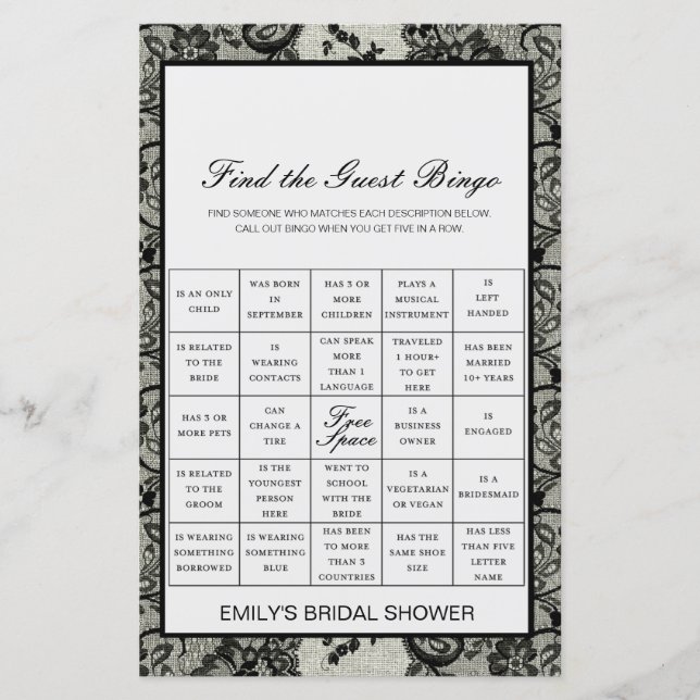 Find the Guest Bingo Shower Game PRINTED (Front)