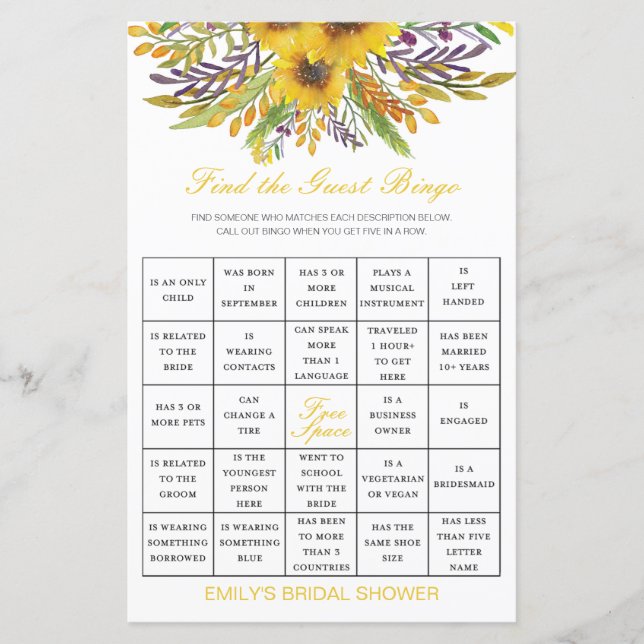 Find the Guest Bingo Shower Game PRINTED (Front)