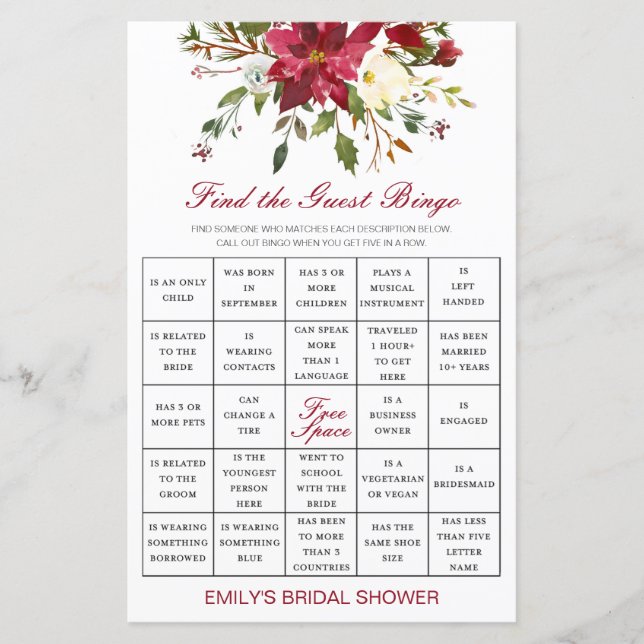 Find the Guest Bingo Shower Game PRINTED (Front)