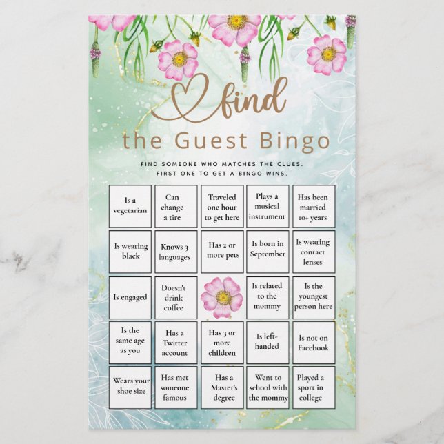 Find The Guest Bingo Wildflower Baby Shower Game (Front)