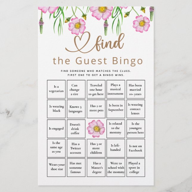 Find The Guest Bingo Wildflowers Baby Shower Game (Front)