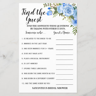 Find the Guest Blue Bridal Shower Game Card