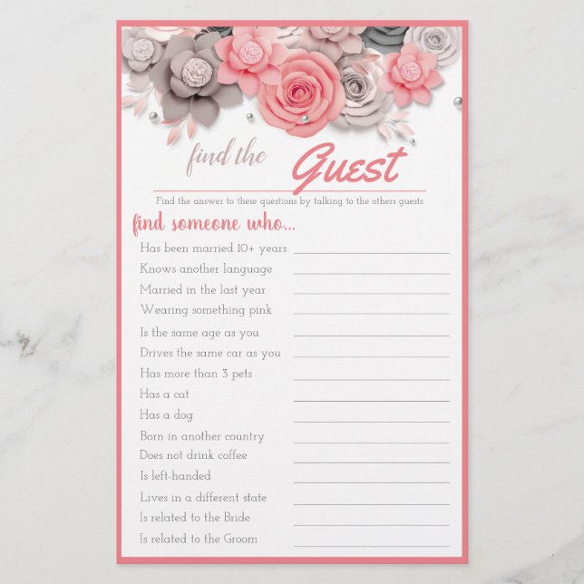 Find the Guest Bridal Game Card (Front)