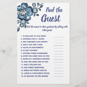 Find the Guest Bridal Shower Game Card Blue Flower