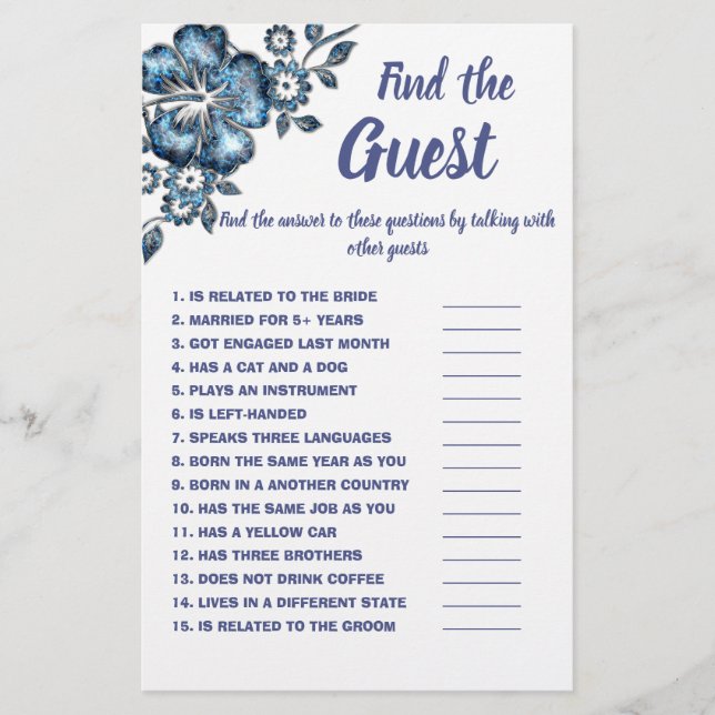 Find the Guest Bridal Shower Game Card Blue Flower (Front)
