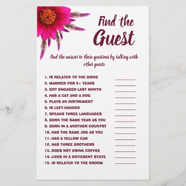 Find the Guest Bridal Shower Game Card Purple (Front)