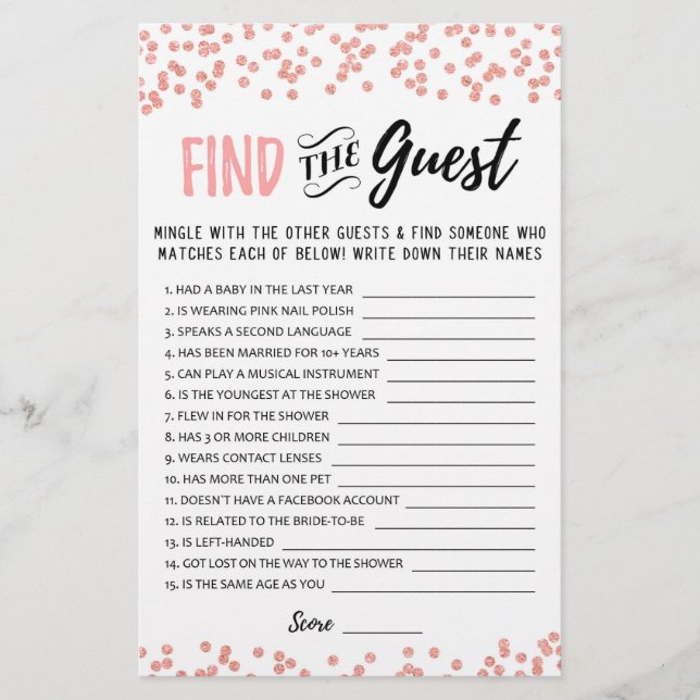 Find the guest Bridal Shower or Hen Party game (Front)