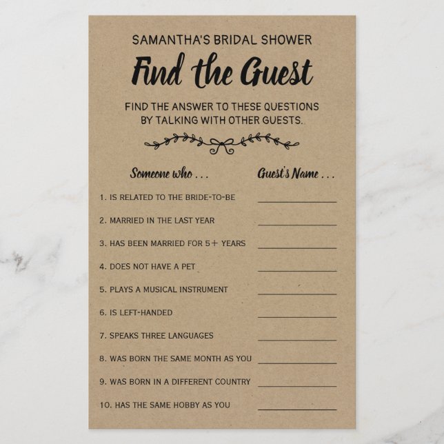 Find the Guest Bridal Shower Rustic Game Card (Front)